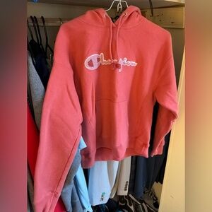 Gently worn, pre-washed Champion pullover sweater; Med. Petite; Orange-peach
